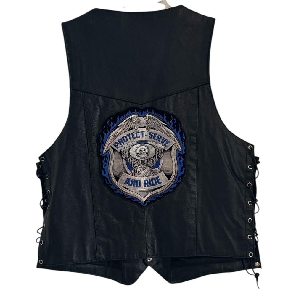 Black Leather Motorcycle Biker Vest Law Enforcement Police Shield Patch 44